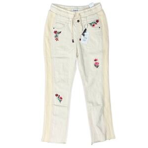 Desigual Cream Ecru Floral Embroidered Jogger Lita Raw Hem Jeans size S NEW Tags